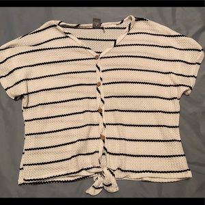 Stripe short sleeve button down crop top